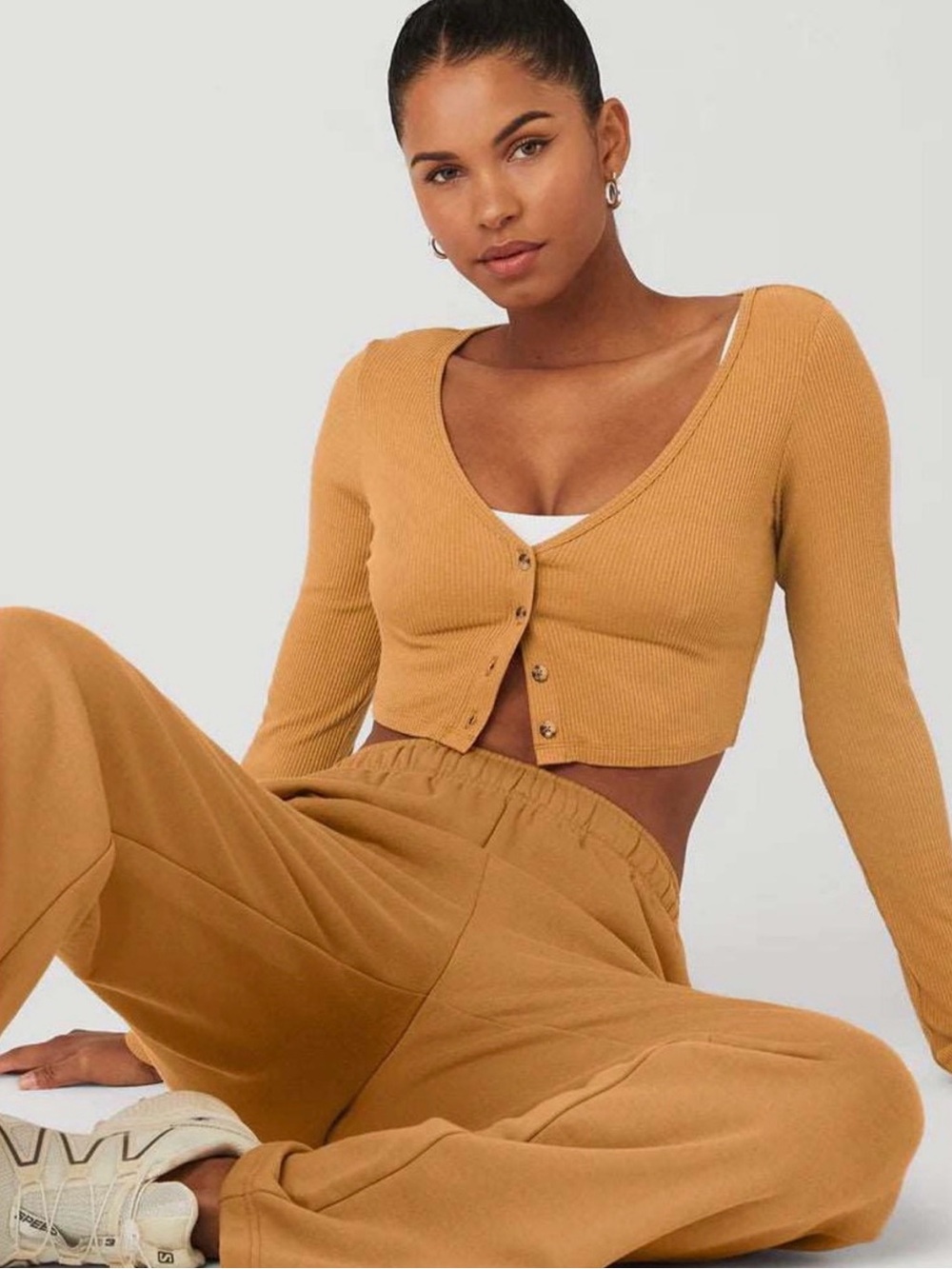 ALO Yoga Mustard Ribbed Long Sleeve Cropped Cardigan
